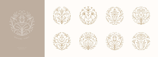 Fototapeta premium Set of floral boho round design elements. Delicate botanical branch in arcs form with flowers and leaves, intricate hand drawn details. Botanical vector illustration for invitation, save the date