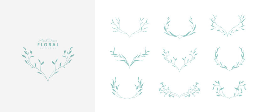 Set of whimsical floral design elements. Botanic frame, corner and borders . Leaves and branches print for social media, packaging or wedding greeting card. Vector