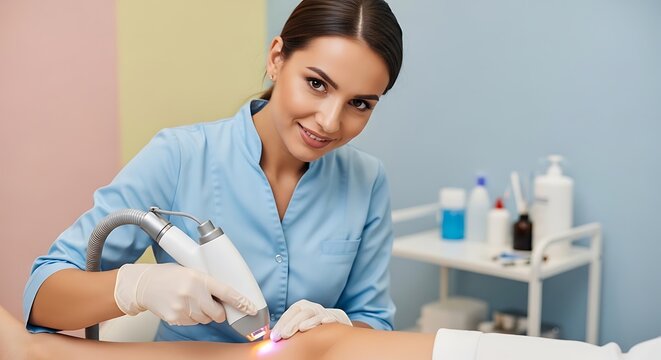 Smiling Female Beautician Performing Laser Skin Treatment in Modern Beauty Clinic