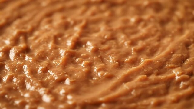 A creamy, light brown paste fills the frame. A smooth stream of the paste is poured onto the surface.