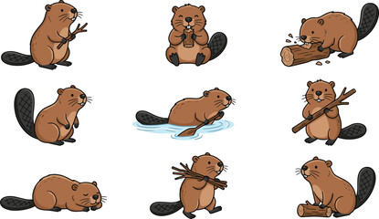 Cute Beaver Vector Set with Playful Poses, Swimming, Chewing Logs, Carrying Branches, and Expressive Small Rodent Characters for Children Illustrations, Wildlife Designs, and Stickers. © Sanjida