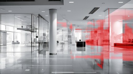 Naklejka premium Modern office interior featuring sleek glass walls, polished floors, and a reception desk, with vibrant red abstract shapes reflecting on surfaces, creating a dynamic visual experience