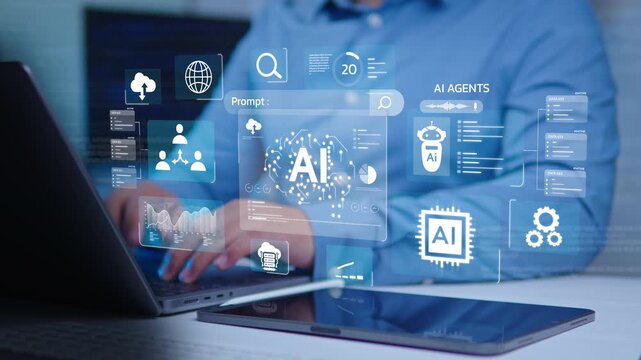 Businessman Using Artificial Intelligence (AI) for Work Efficiency and Data Analysis, AI Agents, Digital Brain Coding, Machine Learning on Virtual Screen and Smart Business System
