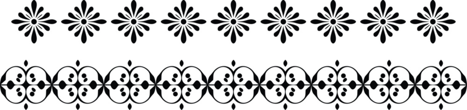 Two horizontal rows of black decorative patterns featuring symmetrical floral motifs and ornate swirling scrollwork