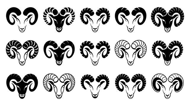 Set of 15 ram head silhouettes with curly horns wildlife illustration silhouette collection animalistic