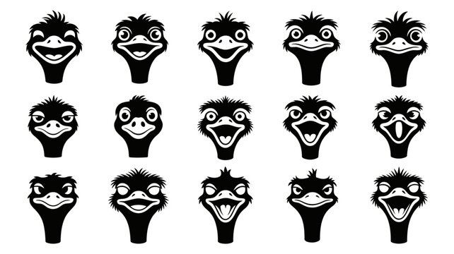 Set of 15 ostrich faces with different emotions and expressions character illustration silhouette emoticon