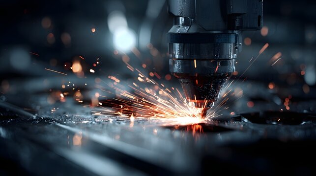 火花を散らす産業用レーザー加工機｜精密製造・機械工学・スマートファクトリーイメージ
Industrial laser cutting machine with sparks, precision manufacturing and mechanical engineering concept
