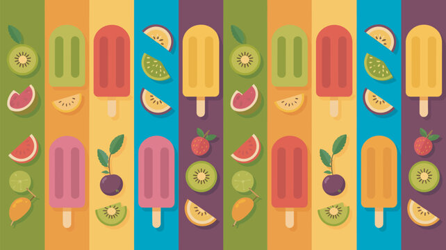 Colorful fruit popsicles arranged with fresh tropical fruits on vibrant background