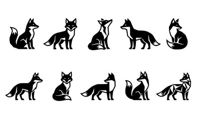 Hand drawn black fox silhouettes vector collection with ten natural poses isolated on white background © labu