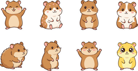 Fototapeta premium Cute Hamster Vector Set with Adorable Small Rodent Characters in Different Poses and Expressions for Children Illustrations, Pet Designs, Stickers, and Animal Artwork.