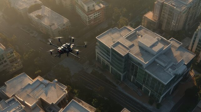 Autonomous drone aircraft conducting urban surveillance and data collection over a city landscape, reflecting themes of technology, future, and smart infrastructure