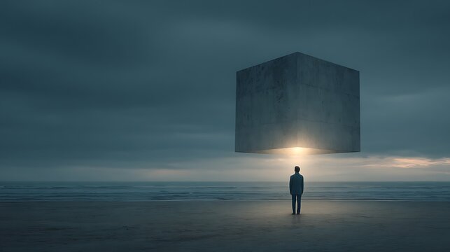 A lone man standing on a sandy beach under a massive floating grey concrete cube in the sky