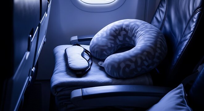 Airplane interior with seat, pillow, blanket, and eye mask ready for comfortable travel