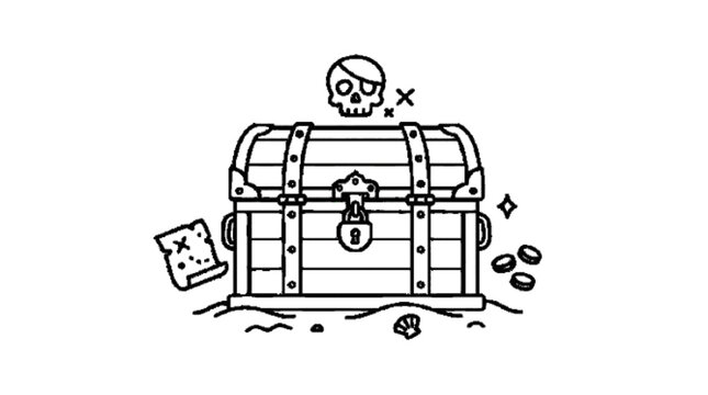 treasure chest vector icon, minimal line art, simple outline, beach pirate theme, white background

