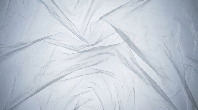White crumpled plastic film texture background surface with soft light and shadow effects.