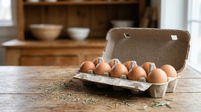 Carton of brown eggs on a rustic wooden table with scattered herbs breakfast container nutrition traditional domestic gathering ingredients foodstuff