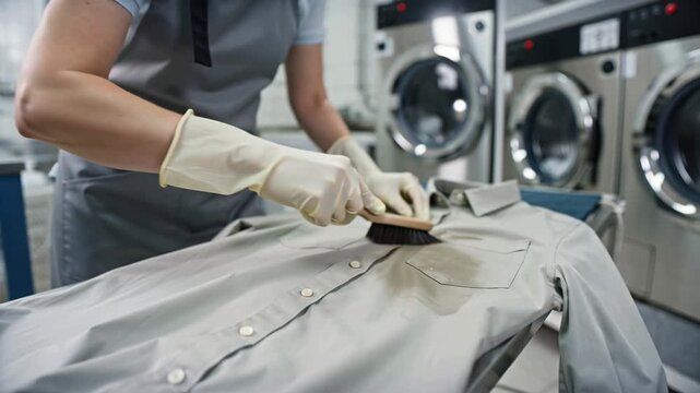 Women's gloved hands brushing a dirty stain on clothes at a dry cleaner's
