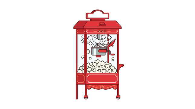 A simplified red popcorn machine with a small crank handle and transparent glass housing displays freshly popped kernels on a clean white background for visuals.