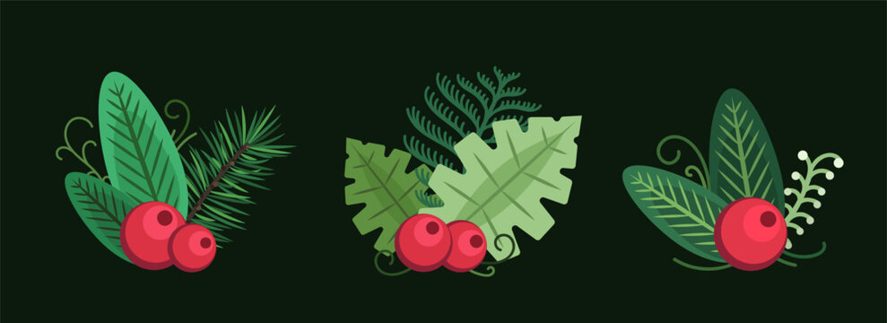 Red Christmas berries vector set. New Year decorative elements with green leaves isolated on white background. Winter floral botanical collection for holiday design. Holly berries xmas set