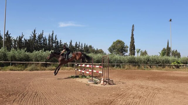 A wide shot of a bay horse and rider jumping over an oxer fence in an outdoor equestrian arena. The rider, dressed in black athletic gear and a helmet, demonstrates clear focus as the horse 
