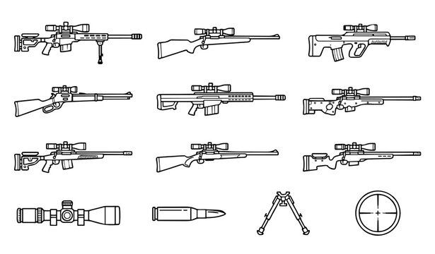Sniper rifle icon set with precision scopes tactical bipods ammunition and various bolt action and bullpup firearm silhouettes for shooting