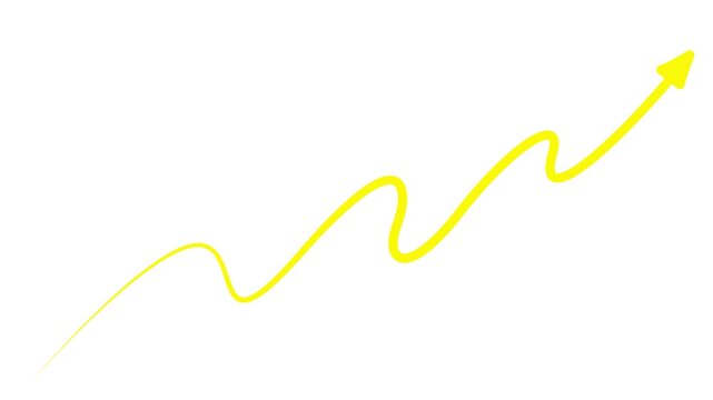 Animated yellow arrow in form of drop of liquid effect. Linear symbol is drawing. Icon of growth chart of economy. Fluid effect. Looped video. Vector illustration isolated on white background.