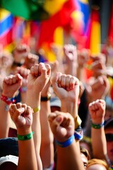 Obraz premium Raised Fists At Pride Celebration With Colorful Rainbow Flags