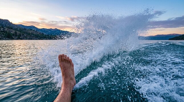 Barefoot Water Skier Spraying White Water Behind Boat - Extreme Aquatic Sport Action Stock Photo