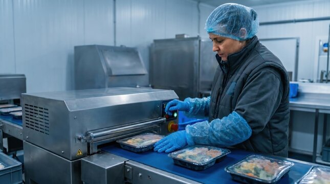Female industrial worker in protective clothing operating a tray sealing machine for fresh food packaging in a clean factory.