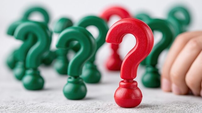 Red question mark standing among green question marks on table