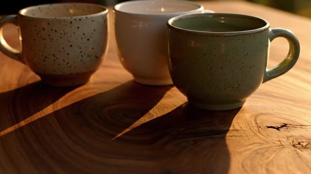 Three Ceramic Coffee Mugs on Wooden Table with Morning Sunlight and Shadows