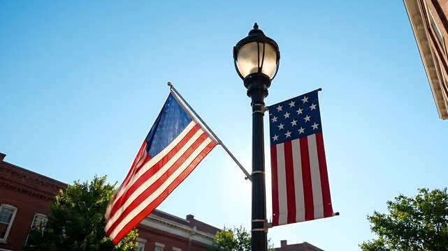 Cinematic 4K Slow Motion of American Flag and Banner Waving on a City Lamp Post under Bright Sun and Clear Blue Sky for 4th of July
