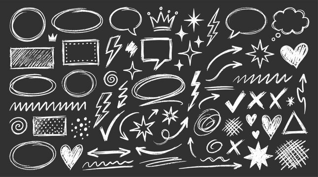 Educational whiteboard markers collection with white chalk texture, featuring speech bubbles, arrows, hearts, stars, and shapes.