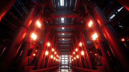 Fototapeta premium Futuristic industrial engine room featuring massive metallic pillars and complex machinery, illuminated by numerous glowing red light panels creating a dramatic and high tech atmosphere