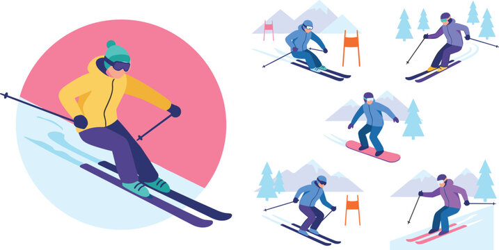 Skiing and Snowboarding Vector Set Featuring Winter Sports Action Poses on Snowy Mountains for Outdoor Adventure Design