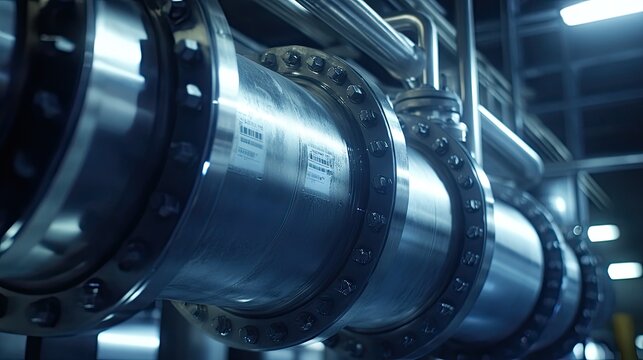 Heavy industrial stainless steel piping system featuring large flanges and bolts, connecting various components within a modern manufacturing or processing facility