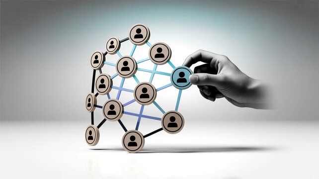 A human hand is adding a new team member to the digital business network for recruitment