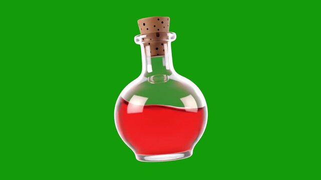 A professional 3D animation of a glass flask containing a vibrant red liquid with a cork stopper. Isolated on a chroma key green screen, this health or healing elixir is perfect for fantasy games and 