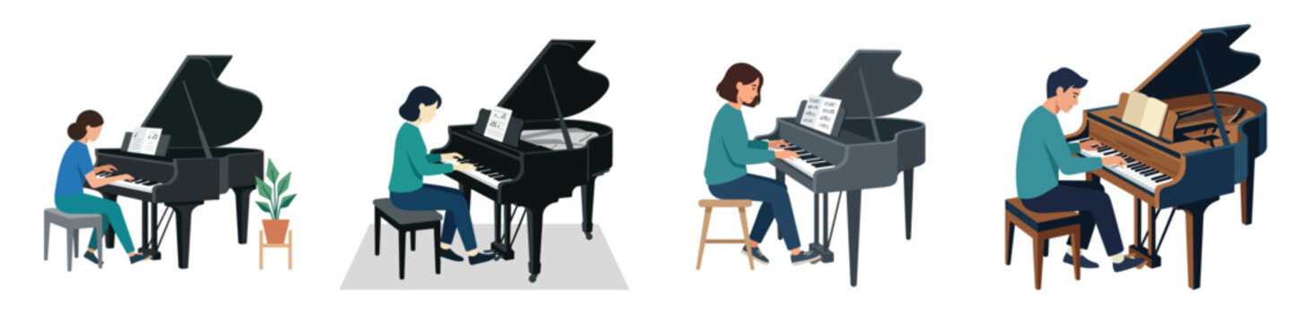 A group of people practicing and playing the piano in a room with houseplants and sheet music on the stand, illustrating musical education and talent development