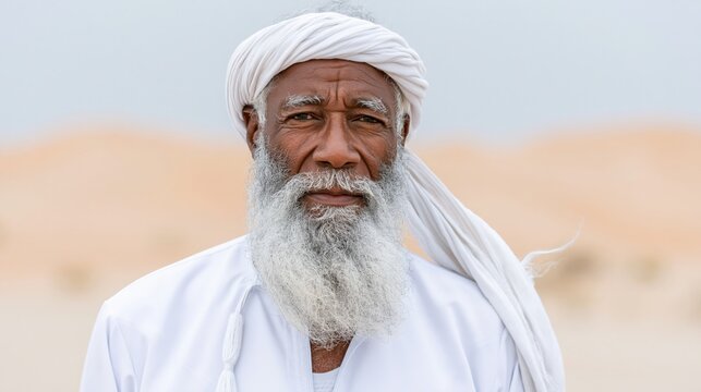 Elderly man wearing white turban standing in desert landscape