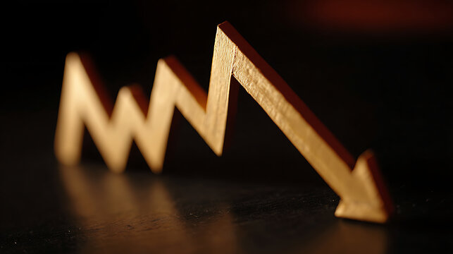 Abstract wooden zigzag arrow points down, symbolizing market decline, economic recession, financial crisis, or business failure on a dark surface