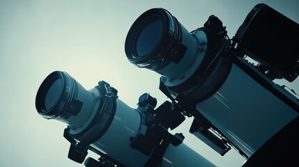 Fototapeta premium Two modern astronomical telescopes pointing towards an unobscured sky, collecting data and exploring distant celestial objects for scientific investigation and future discovery
