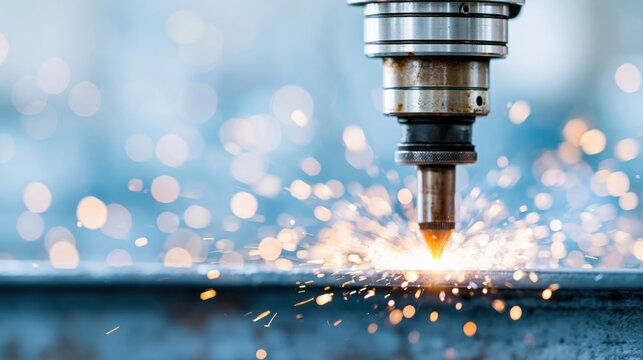 Metal cutting torch producing sparks on industrial table