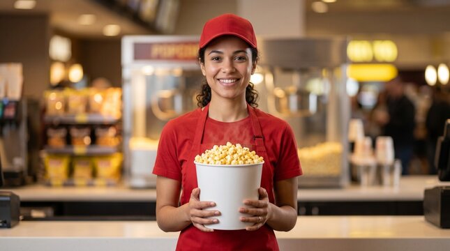 Young smiling cinema employee in red uniform holding a large bucket of popcorn