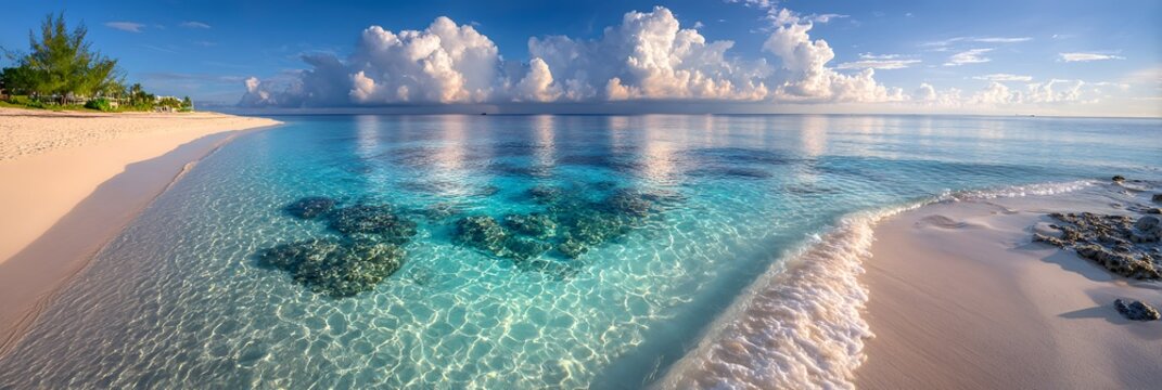 Stunning Tropical Lagoon with Crystal Clear Water showing Coral Reefs and Beautiful White Cumulus Clouds over a Pristine Sandy Beach