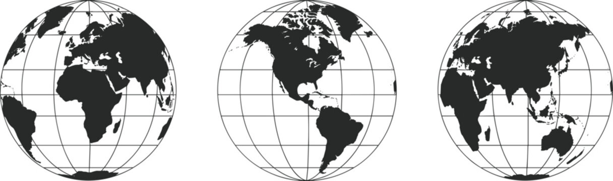 World globe collection set, earth map geography icons, global planet vector illustration for education concepts