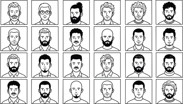 Men's Portrait Icon Set Featuring Various Hairstyles, Beards, and Facial Hair Designs for Character and Avatar Creation