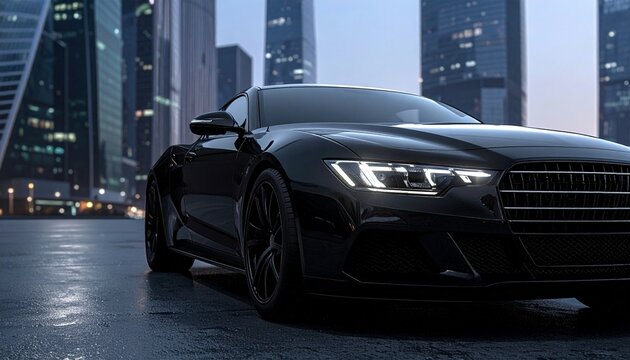 "Sleek black sports car with illuminated headlights parked on wet city street at dusk, skyscrapers glowing in background, symbolizing luxury, technology, and urban sophistication."