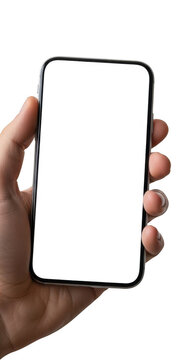 Hand holding smartphone with blank screen isolated isolated on transparent background,png,PNG