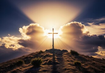 Obraz premium Cross on a rocky hilltop with dramatic sky and clouds